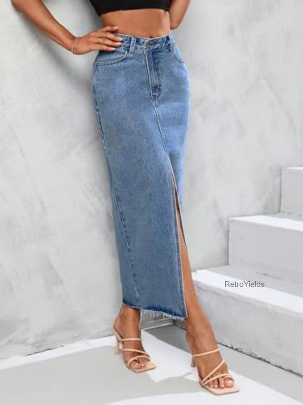 High Waist Stretch Maxi Denim Skirt Front Split Frayed Raw Hem A Line Casual - Picture 4 of 7